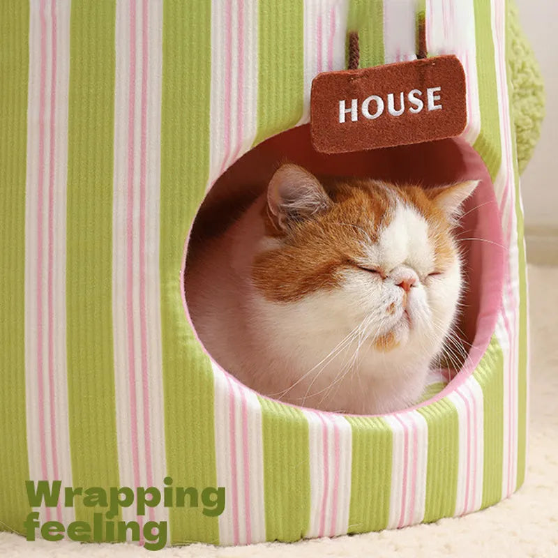 Green cauliflower tree hole design enclosed pet bed for cats and small dogs