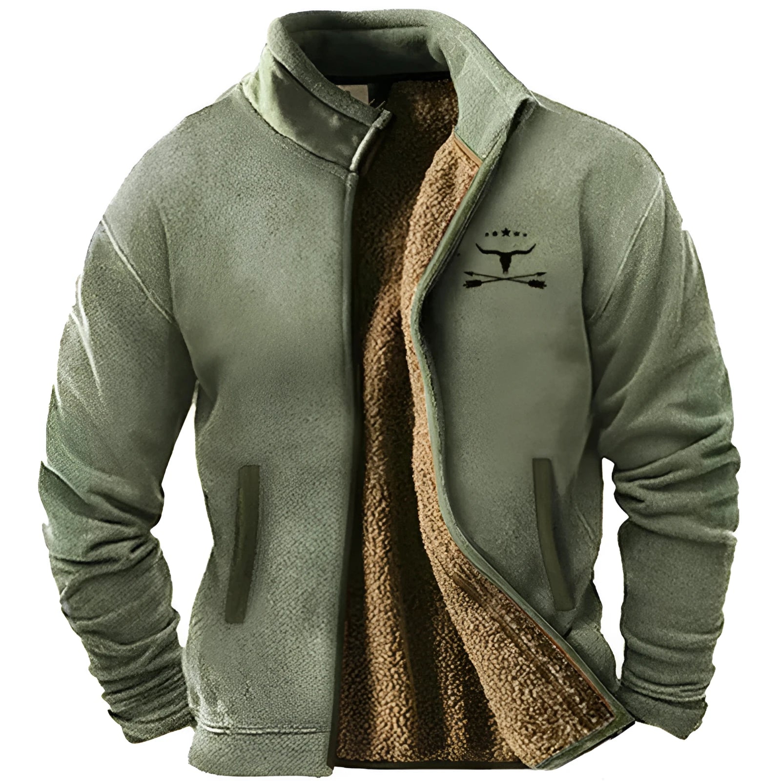 A man's fleece-padded coat in light brown, showing a regular fit and zip front.