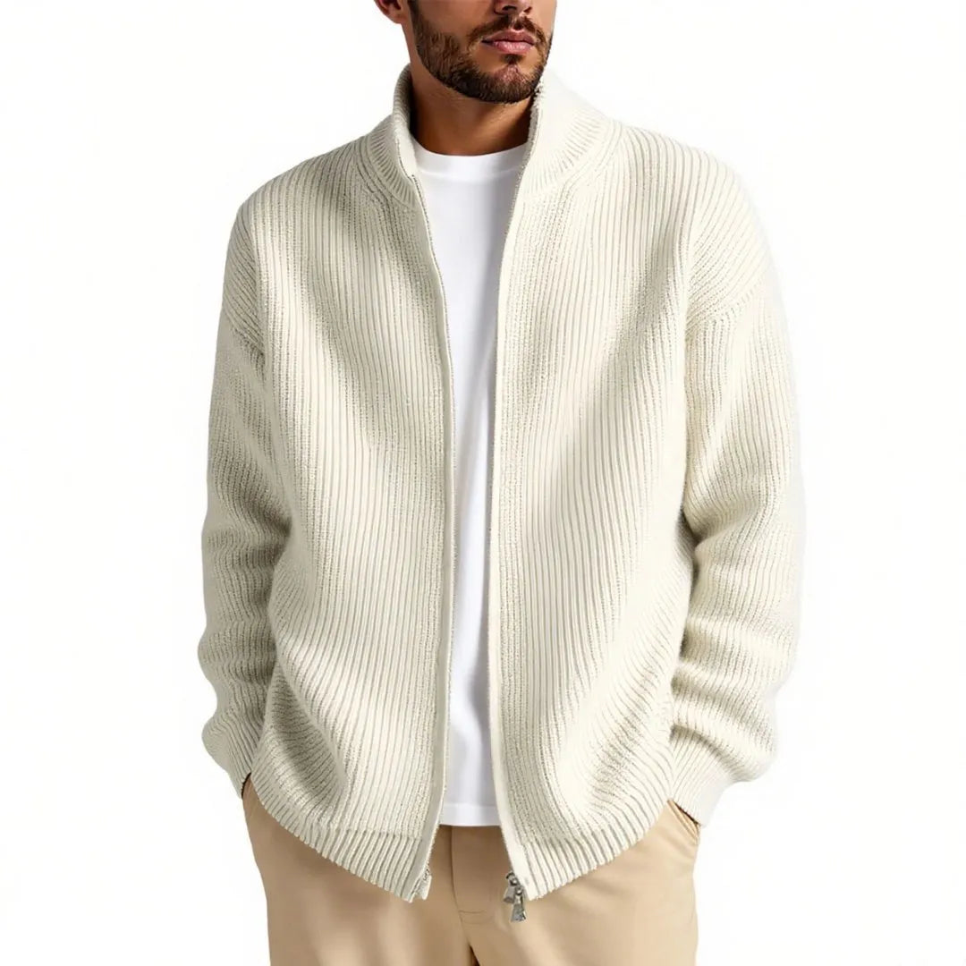 Men's loose fit cardigan sweater in acrylic blend fabric, shown in grey green colour.