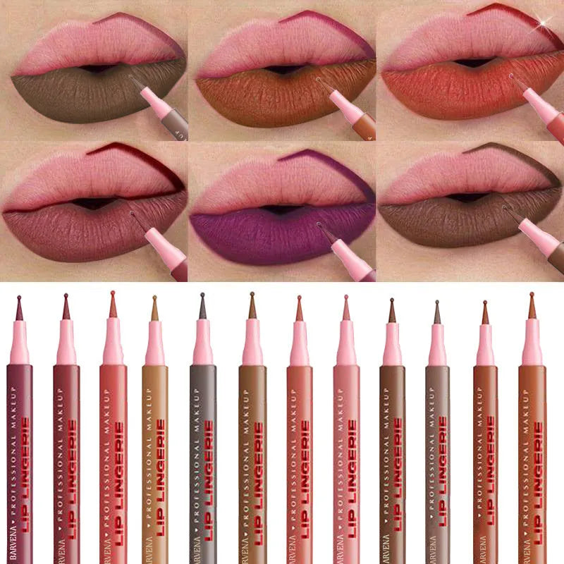 Matte lip liner pencil with 12 colour options showing defined lip outline