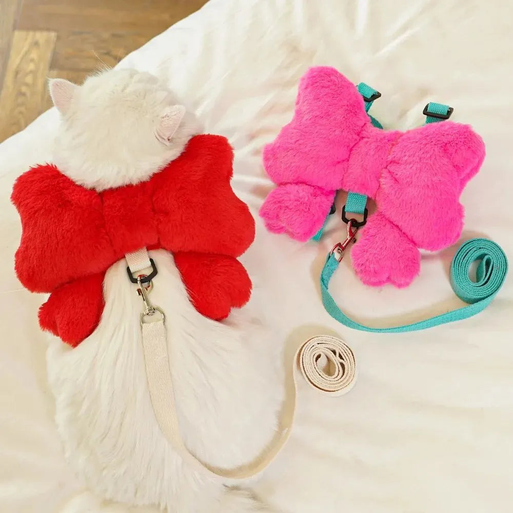 Pet bow chest strap traction rope in pink, size M, on a small dog with cute bow on back