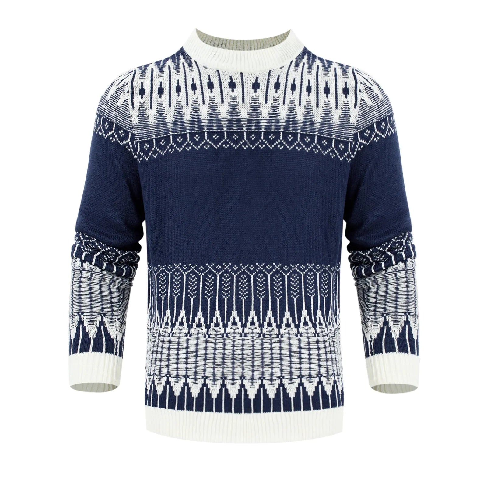Men's knitted long-sleeved pullover sweater on a hanger, available in multiple sizes and styles.