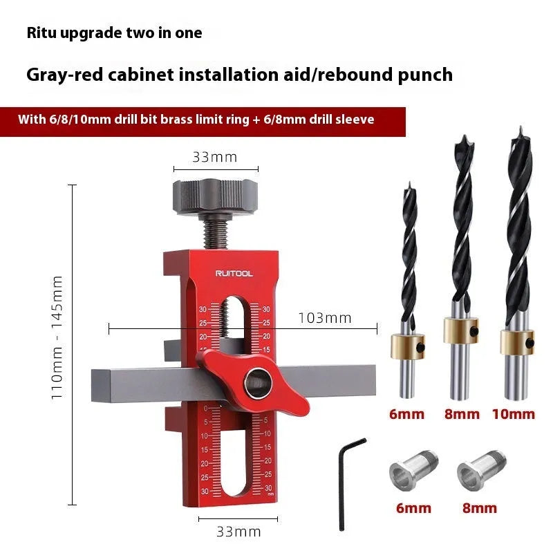Aluminium alloy cabinet door installation aid tool for woodworking projects on a workbench.