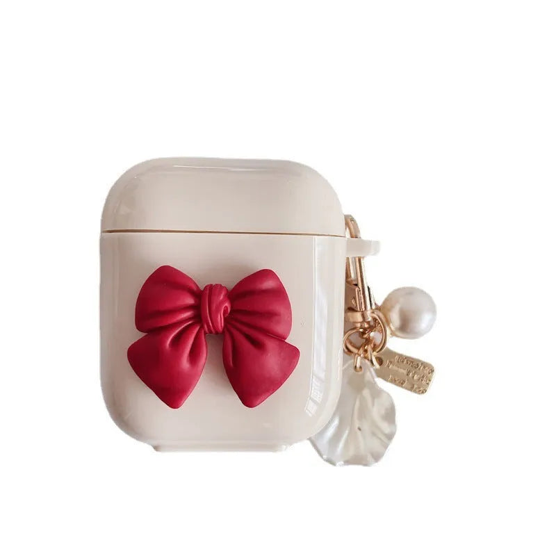 Beige red bow shell patterned TPU case for AirPods Pro wireless earphones