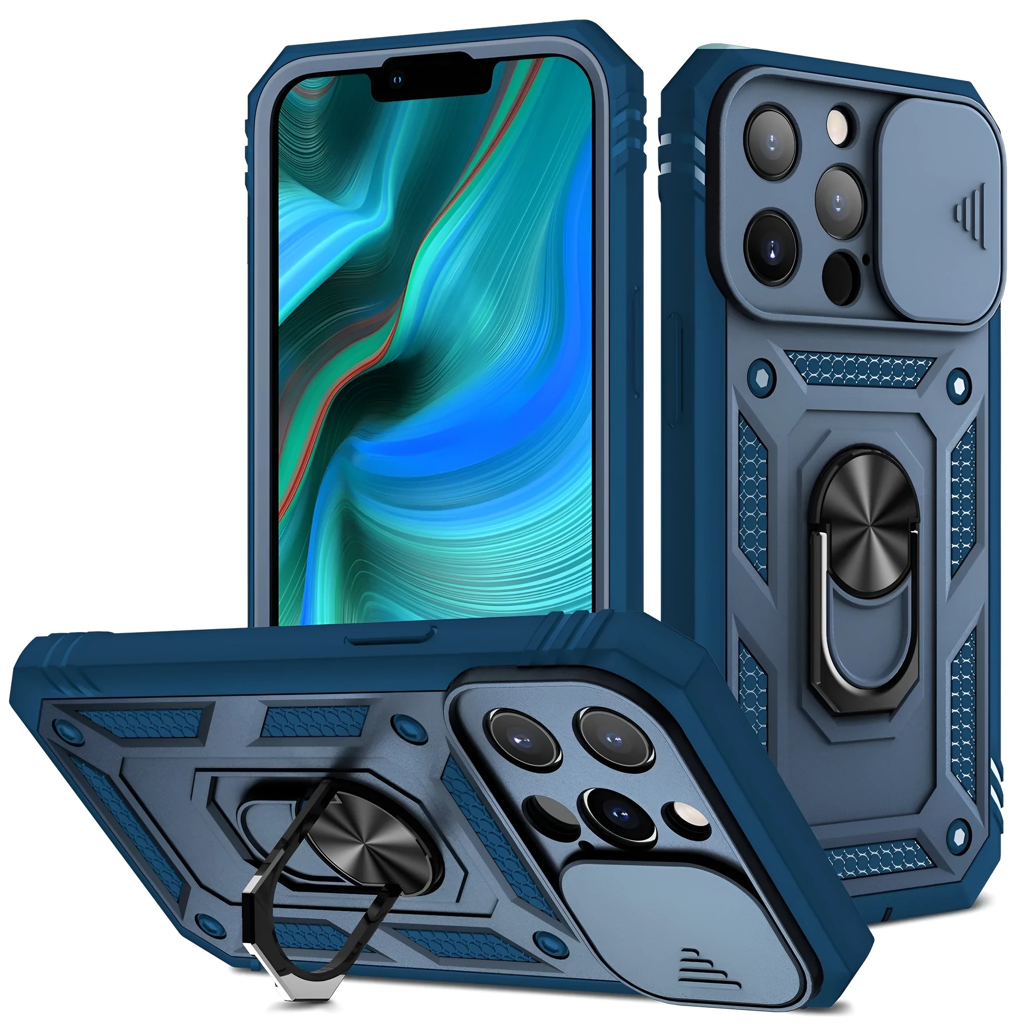 Magnetic sliding window back cover case for iPhone 12 and 13 phones in sapphire blue colour.