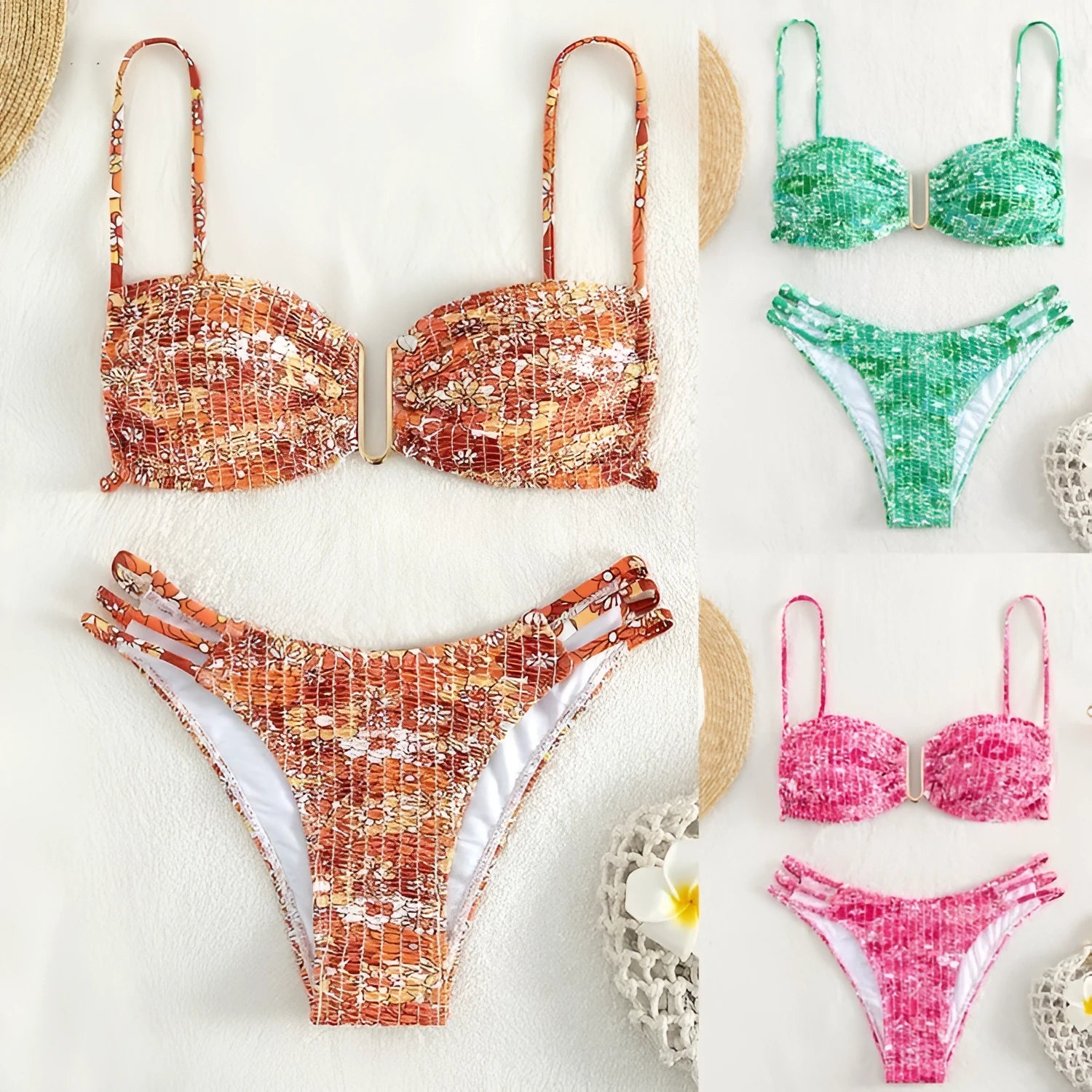 Women's floral high-waist bikini swimsuit in solid colour with separate bra and panties