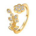 Copper open ring with flower and leaf design in gold or white diamond-treated finish