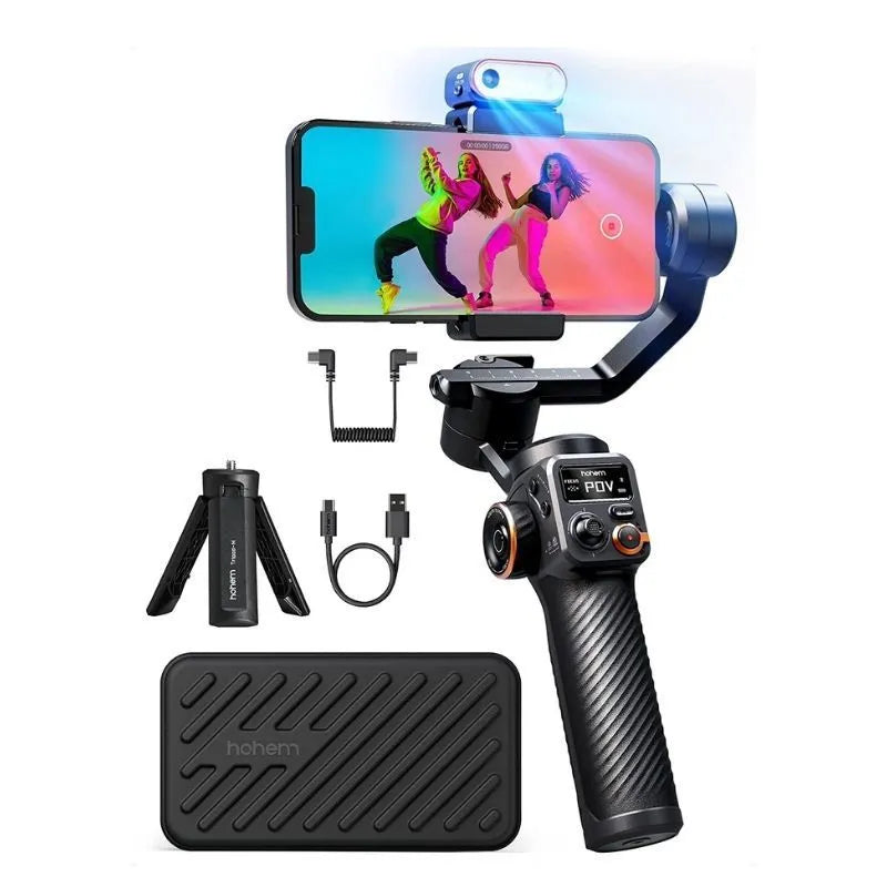 Black AI face tracking fill light and three-axis camera stabiliser kit with tripod