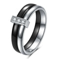 Glossy stitch and zirconium inlay ceramic ring for women in gold white on a geometric band.