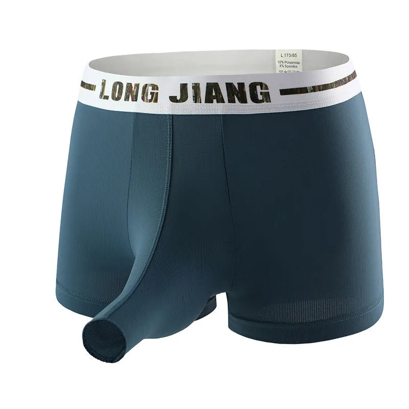 Men's solid colour Ice Silk boxer shorts with a trunk open design on a mid-waist fit.
