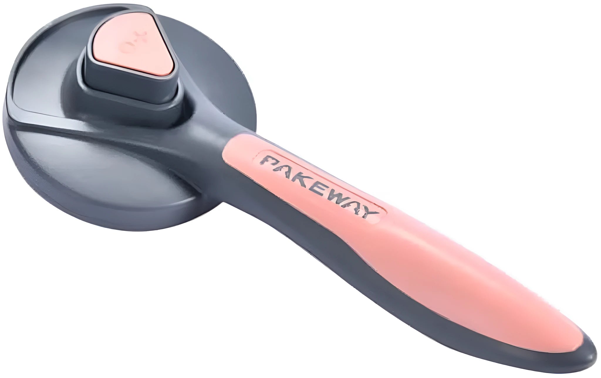 Grey self-cleaning slicker brush for grooming cats and dogs, showing the one-touch button and soft bristles.