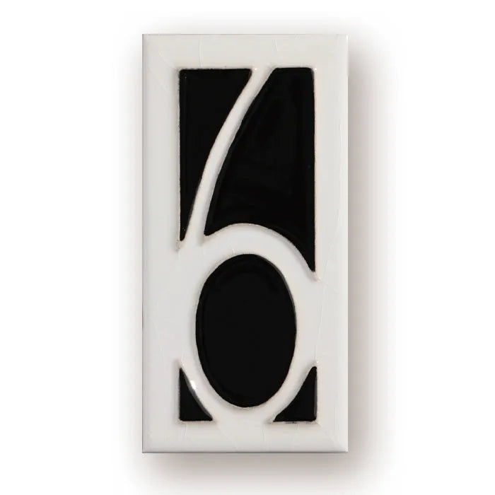 Handmade retro-style ceramic doorplate with enamel number, shown in 76mm by 152mm size.