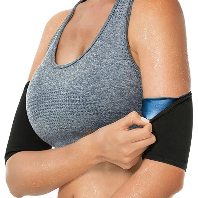 Adjustable arm compression sweatband in blue with hook-and-loop closure, worn on forearm.