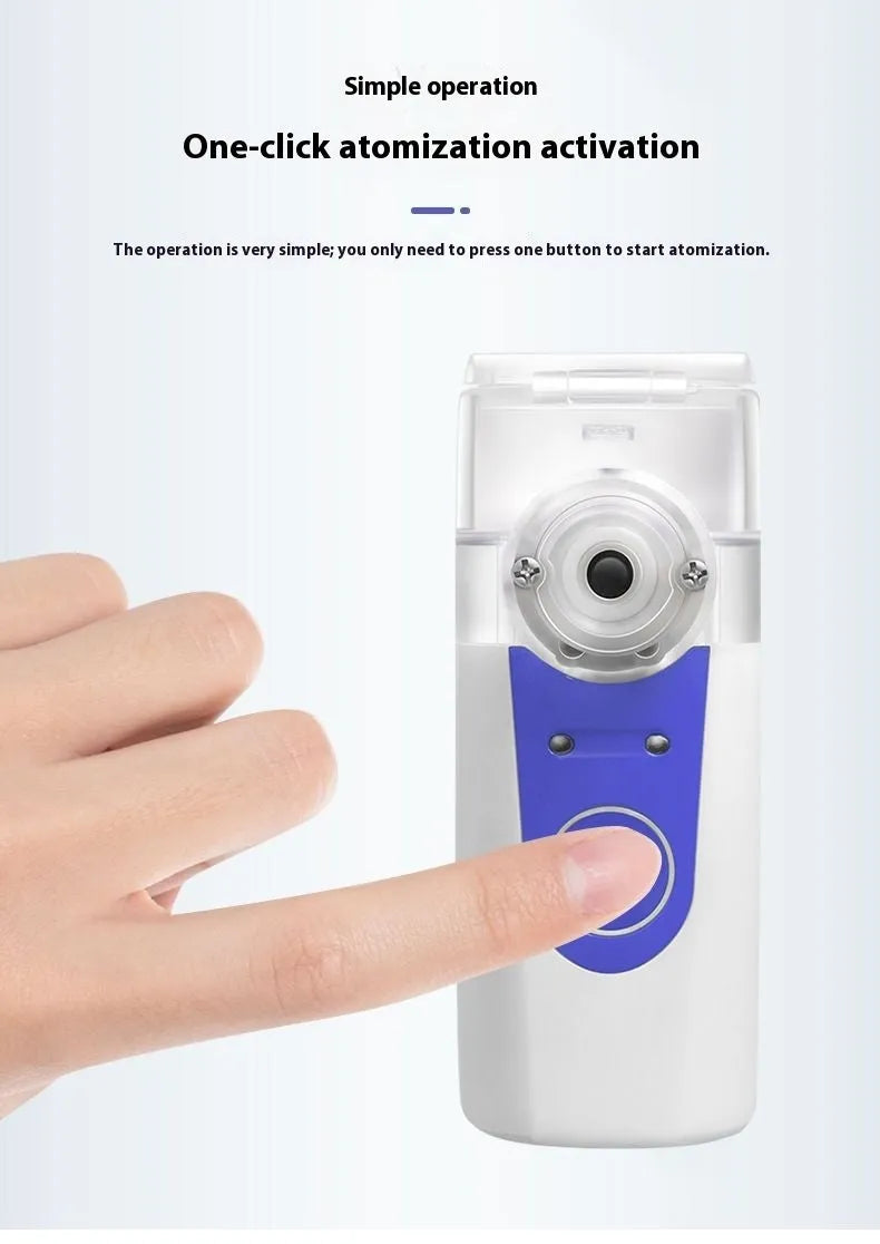 White columnar handheld USB nebuliser spray machine on a table with data cable.