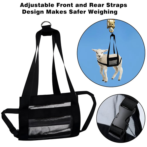 Black animal weighing sling measuring 35cm by 150cm with four attachment points for livestock and pet handling