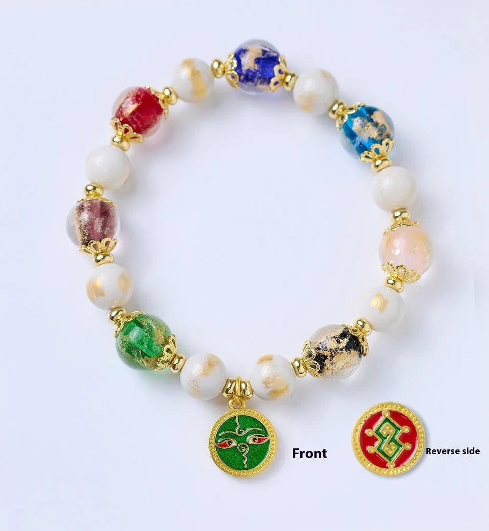 Fragrant Gray handmade glass bracelet with five Gods of Wealth design in coloured glaze.