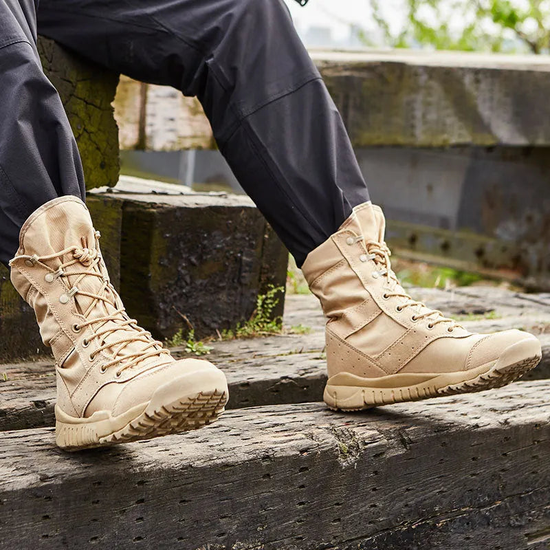 Yulong Combat Boots tactical desert footwear in black and sand colours for outdoor climbing and hiking