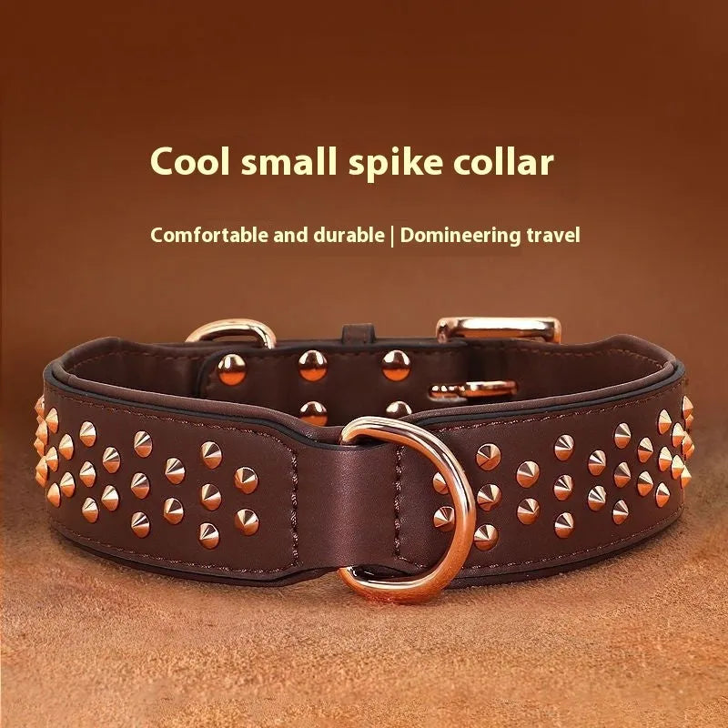 A brown leather dog collar with a row of shiny brass anti-bite rivets and a metal D-ring.