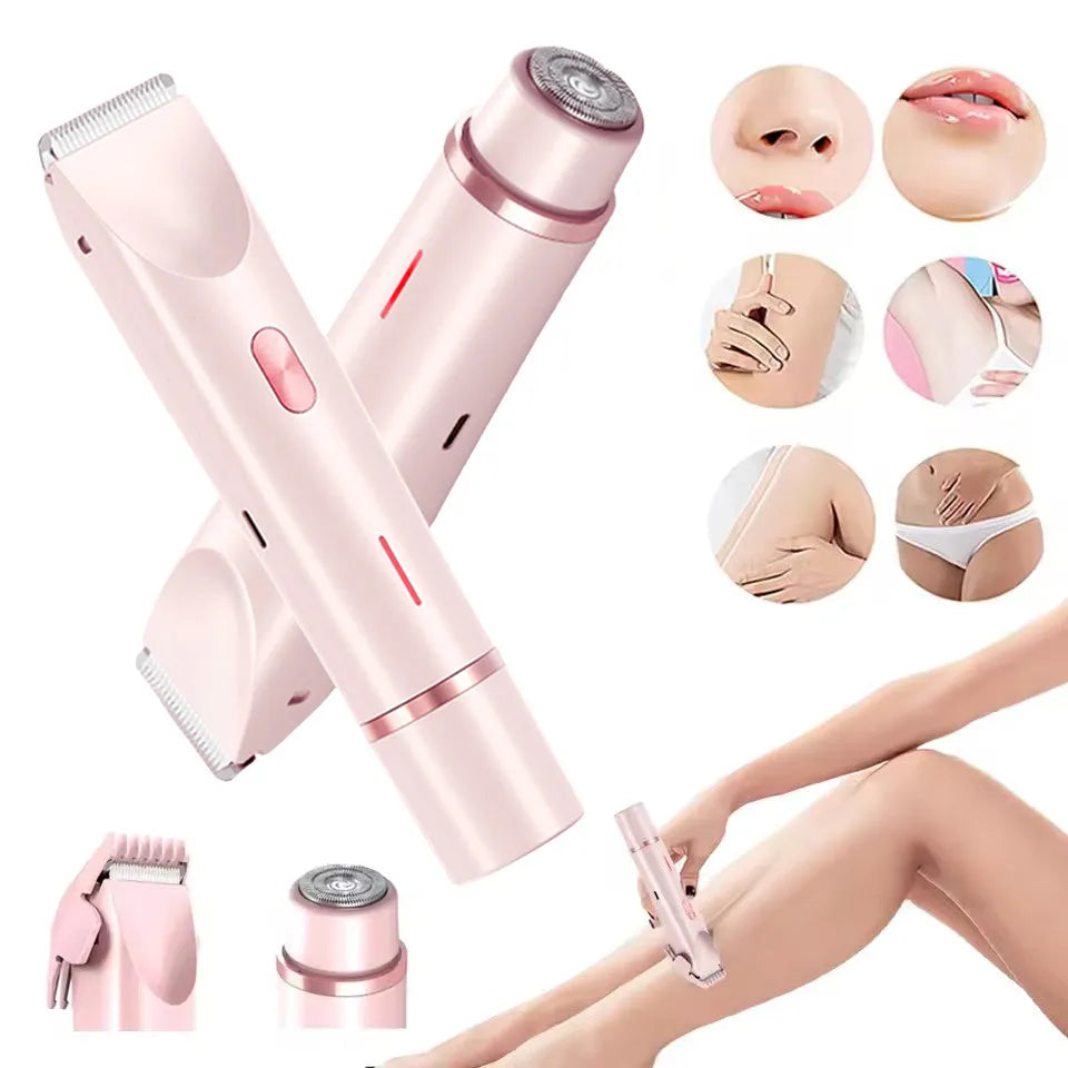 Pink women's electric hair trimmer with two detachable heads on a white background