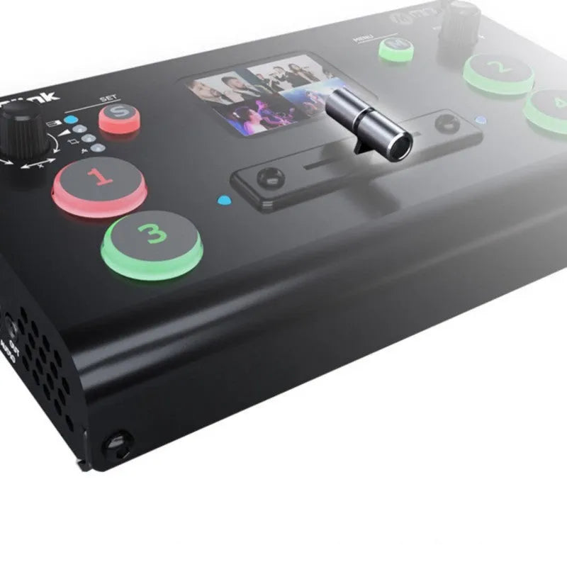 RGBLINK 4-way HDMI video production switcher unit with built-in screen and T-Bar switch.