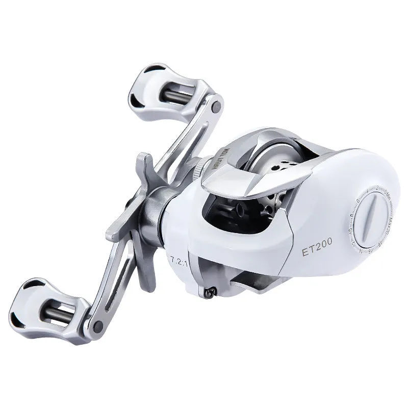 Small white baitcasting fishing reel with adjustable speed ratio and left/right hand retrieve options