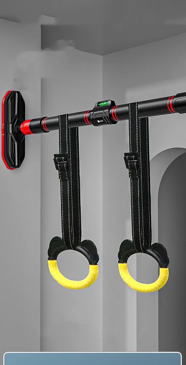 Black steel pipe pull-up bar with EVA and PVC grips installed in a door frame, adjustable 66-90cm