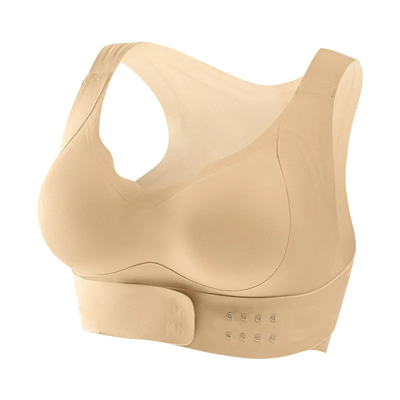 Front buckle closure sports bra for women in black, white and nude colours with back shaping design.