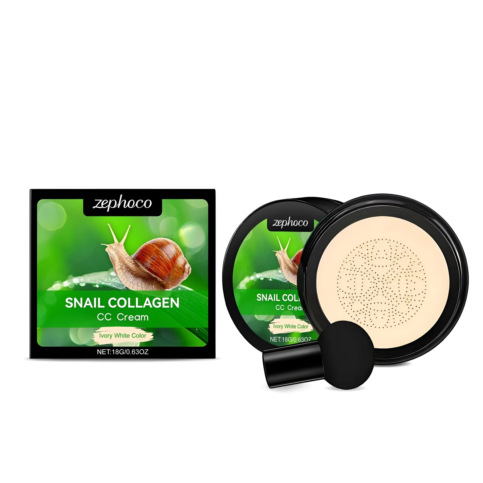 ZEPHOCO moisturising CC cream tube and mushroom powder puff in ivory white or natural colour.