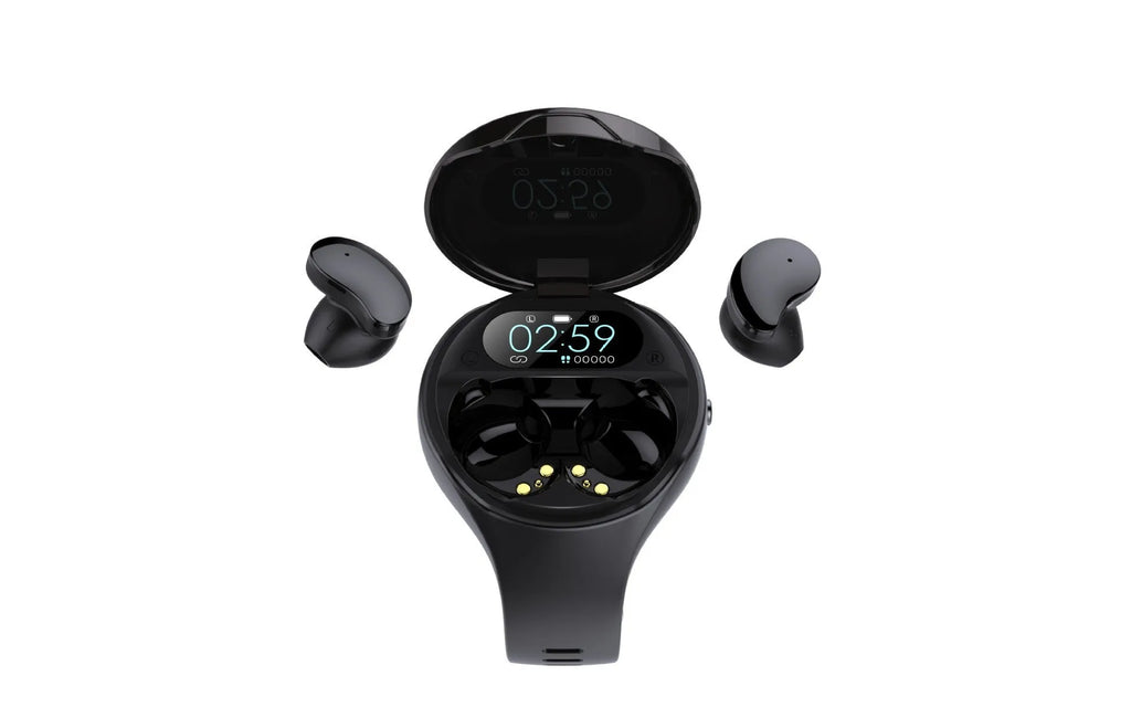 Black smart fitness bracelet with detachable TWS Bluetooth earbuds on a wrist, showing colour screen.