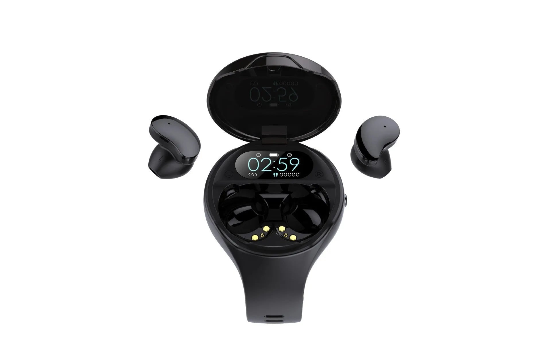 Black smart fitness bracelet with detachable TWS Bluetooth earbuds on a wrist, showing colour screen.