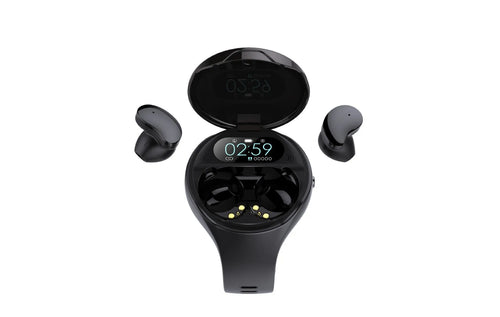 Black smart fitness bracelet with detachable TWS Bluetooth earbuds on a wrist, showing colour screen.