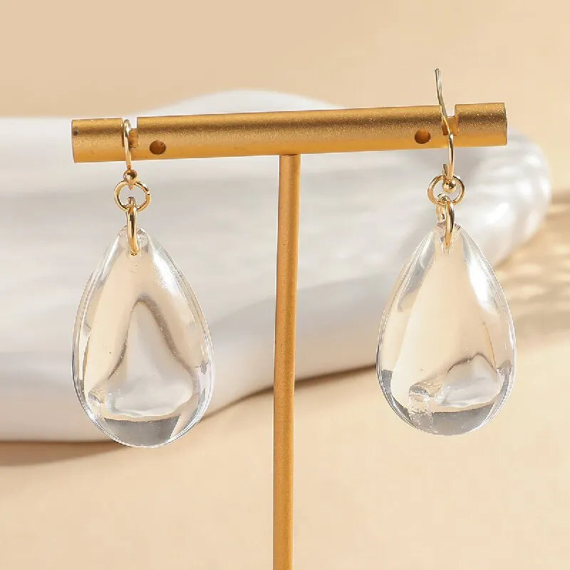Transparent glass teardrop drop earrings for women, minimalist irregular shape cold style