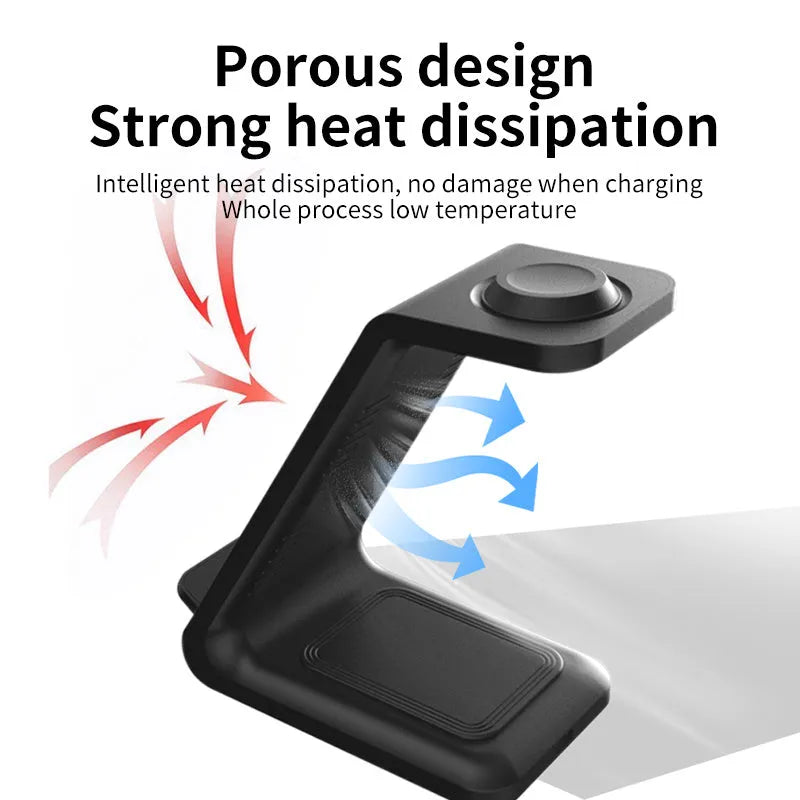 White upright wireless charging phone holder on a desk, showing phone in stand and included Type-C cable.
