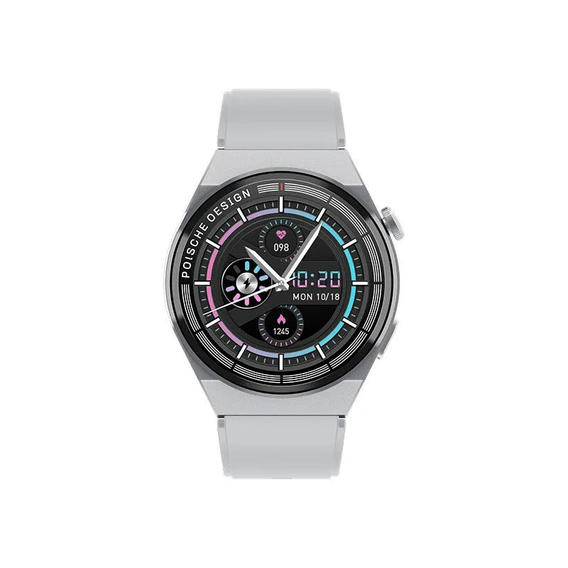 Black Bluetooth smartwatch with a circular 1.39-inch screen on a silicone strap, showing NFC and health tracking functions.