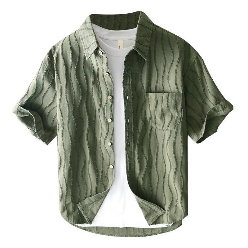 Men's apricot pure cotton loose-fit short sleeve casual shirt on a hanger.