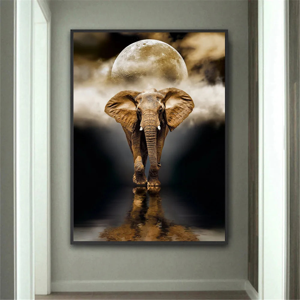 Frameless oil-on-canvas elephant painting in black, rectangle shape, multiple sizes for living room wall decor