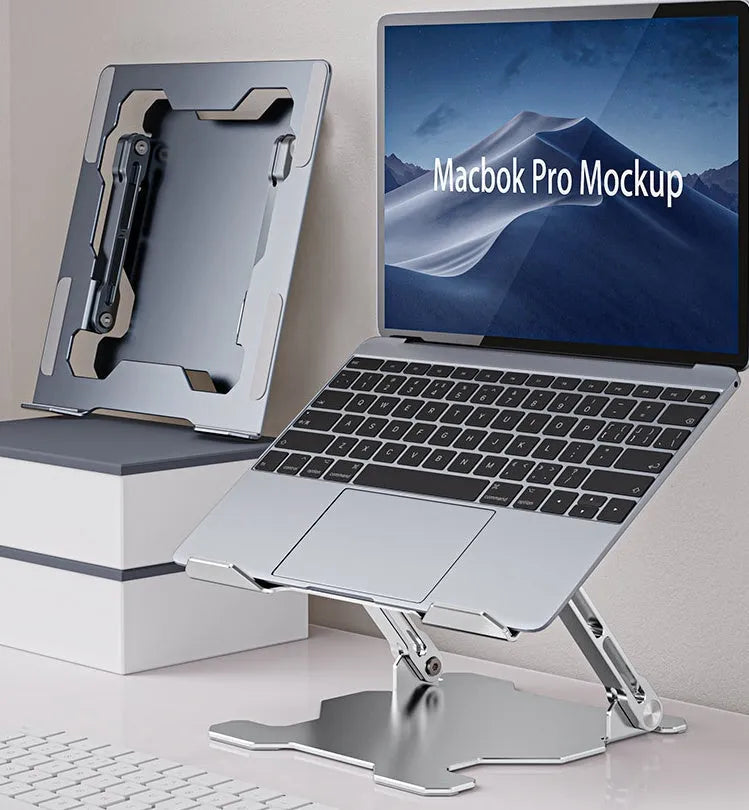 Grey adjustable aluminium laptop stand holding a silver laptop, shown in a folded and unfolded position.