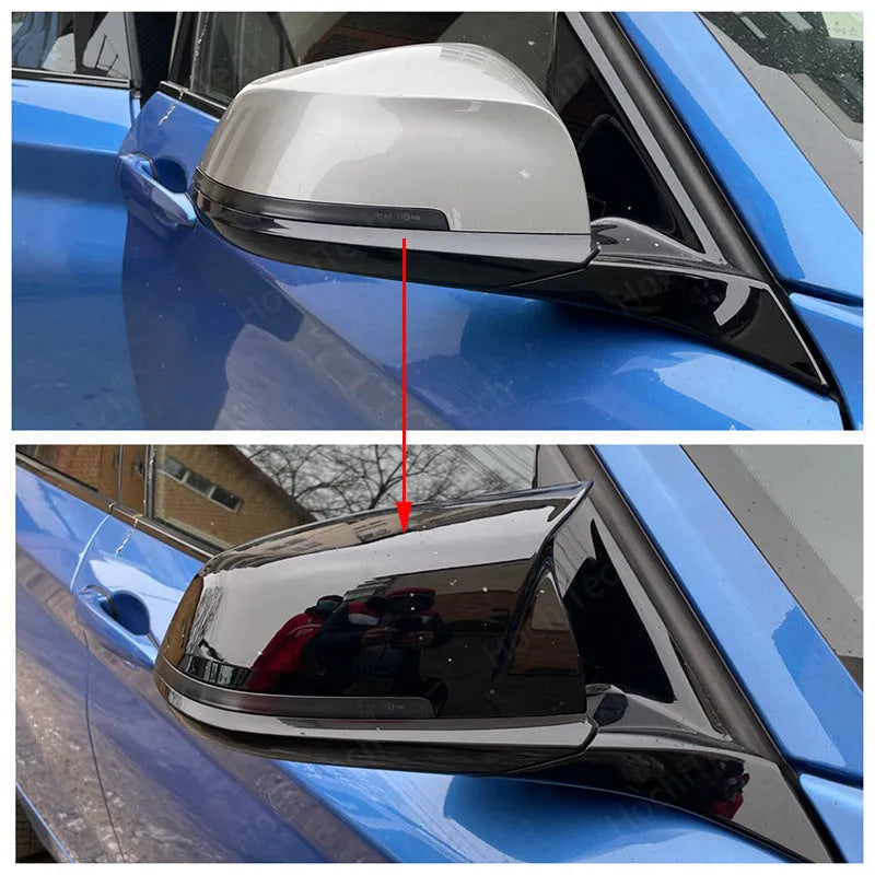 Bright black horn style rear-view mirror shell for BMW 1 2 3 4 Series, X1, M2, i3, plastic pair