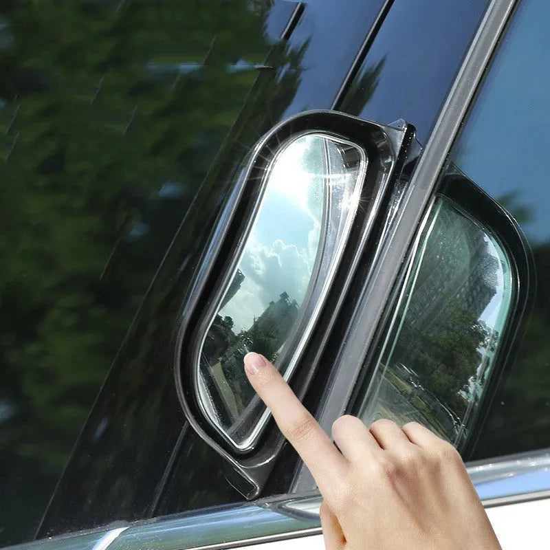 Black universal wide angle car mirror with white text, dimensions 126mm by 48mm.