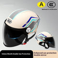 3C certified motorcycle half helmet showing integrated sun visor and dual anti-fog mirrors on a swivel mount.