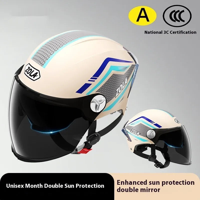 3C certified motorcycle half helmet showing integrated sun visor and dual anti-fog mirrors on a swivel mount.