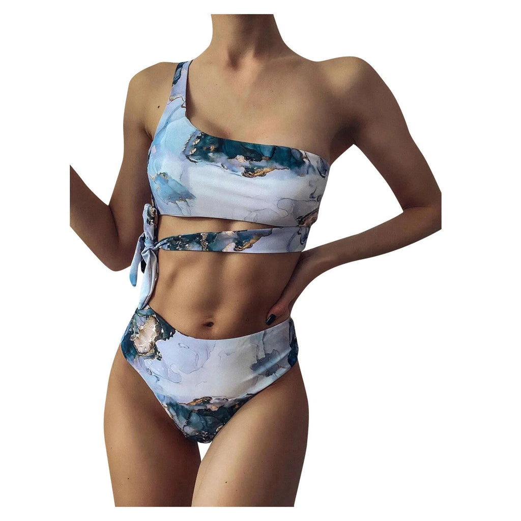 Women's high waist marble print bikini swimwear in a U-neck design.