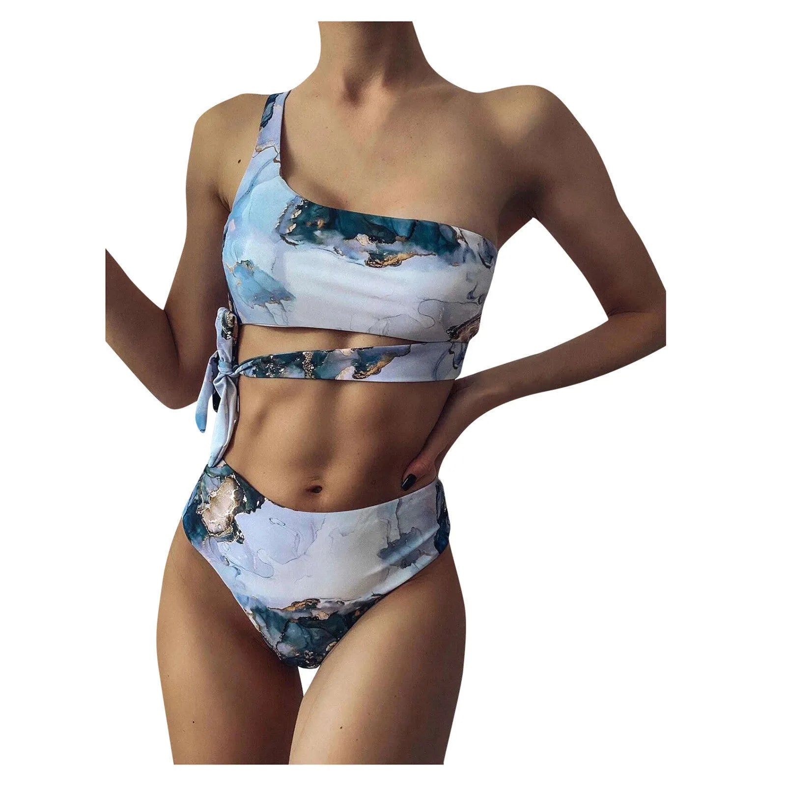Women's high waist marble print bikini swimwear in a U-neck design.