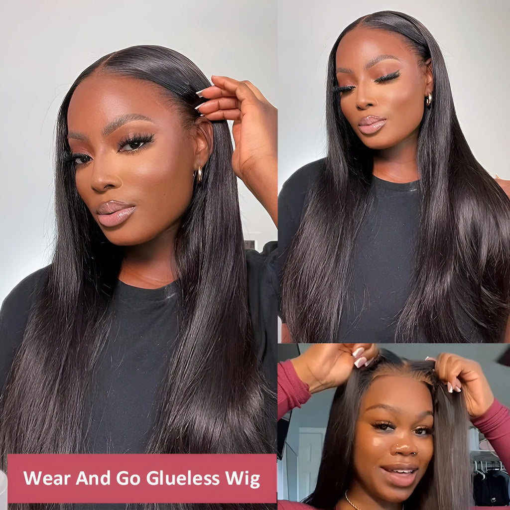 A lady wearing a long, straight, glueless human hair wig with side bangs.