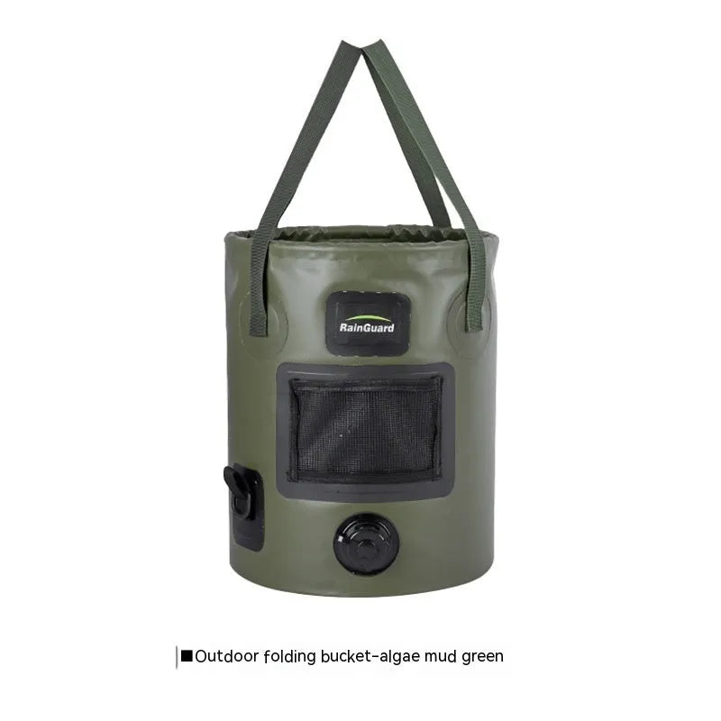 Folding fishing bucket in lemon yellow colour showing collapsed and expanded positions with mesh pocket