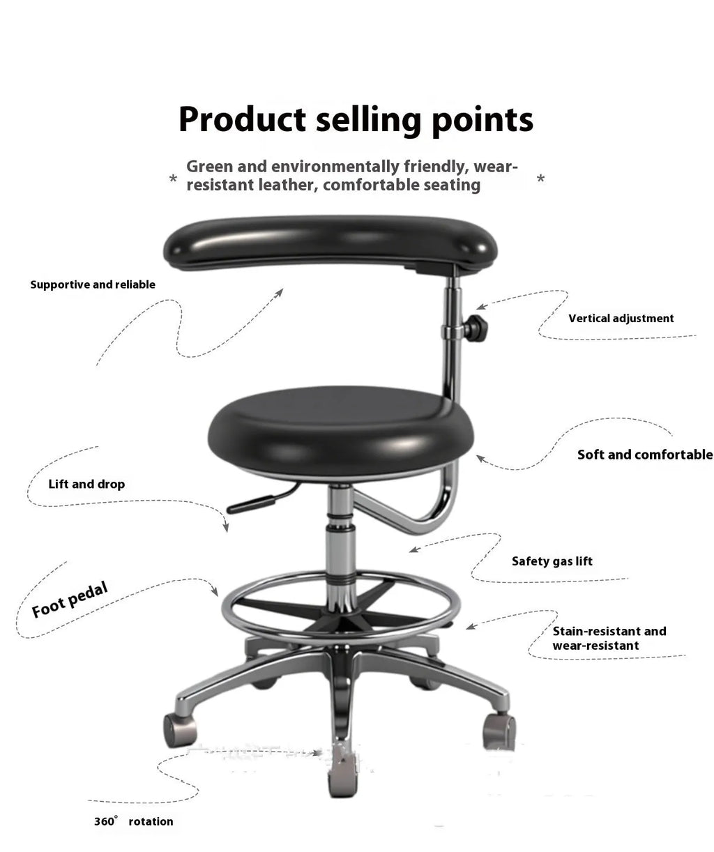 Black leather dental examination chair with manual hydraulic lift mechanism