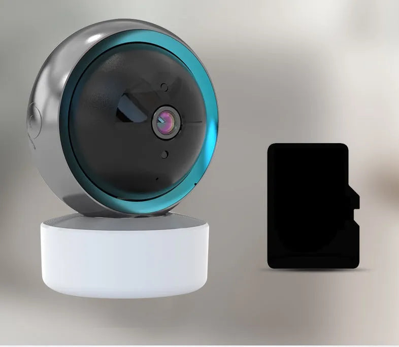 White indoor WiFi security camera with 360-degree rotation on stand showing 2MP resolution and optional memory card storage