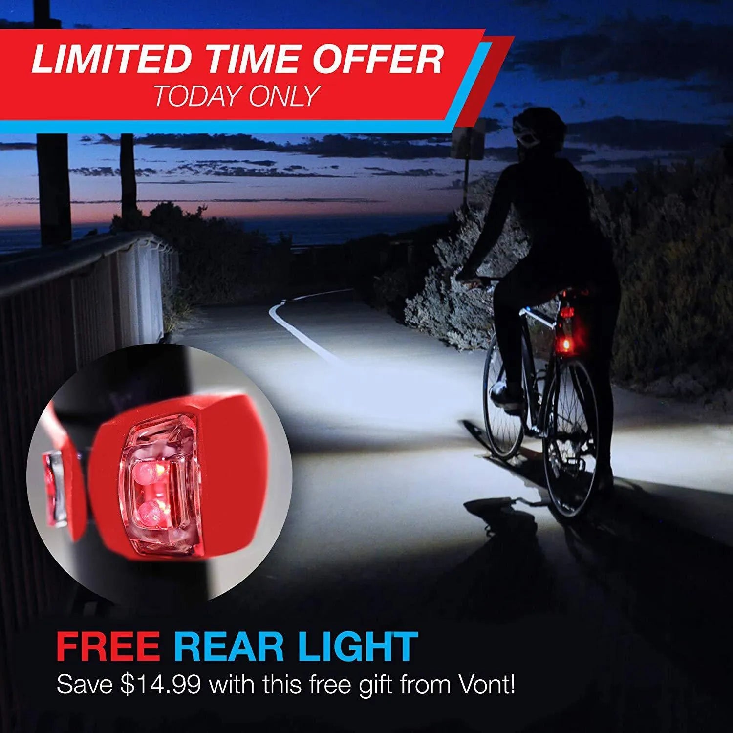 Bicycle front headlight and red rear taillight set with a black mounting bracket.