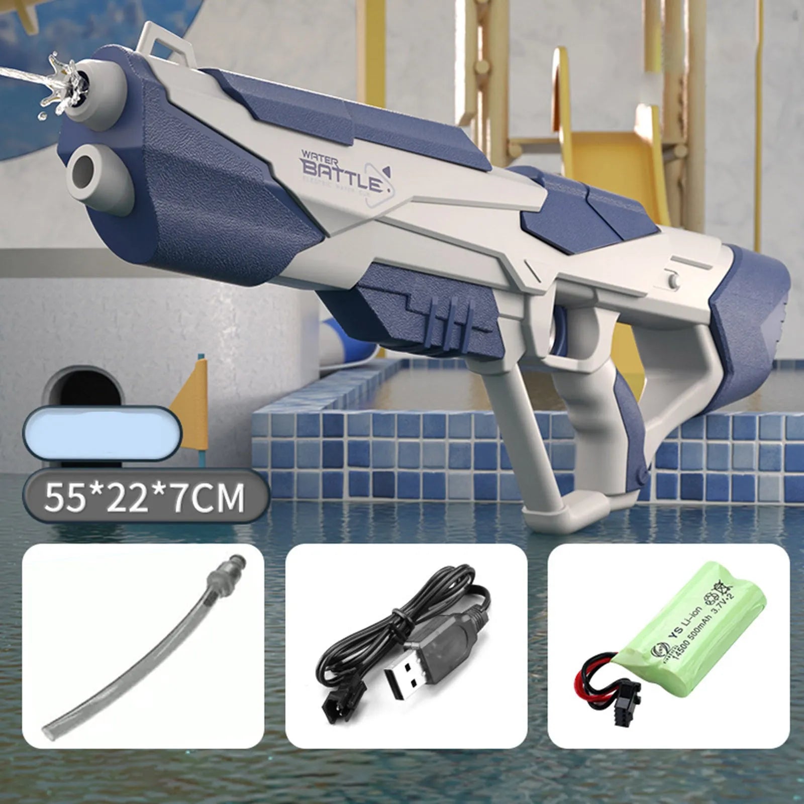 Blue electric water gun toy with USB charging cable on a sandy beach