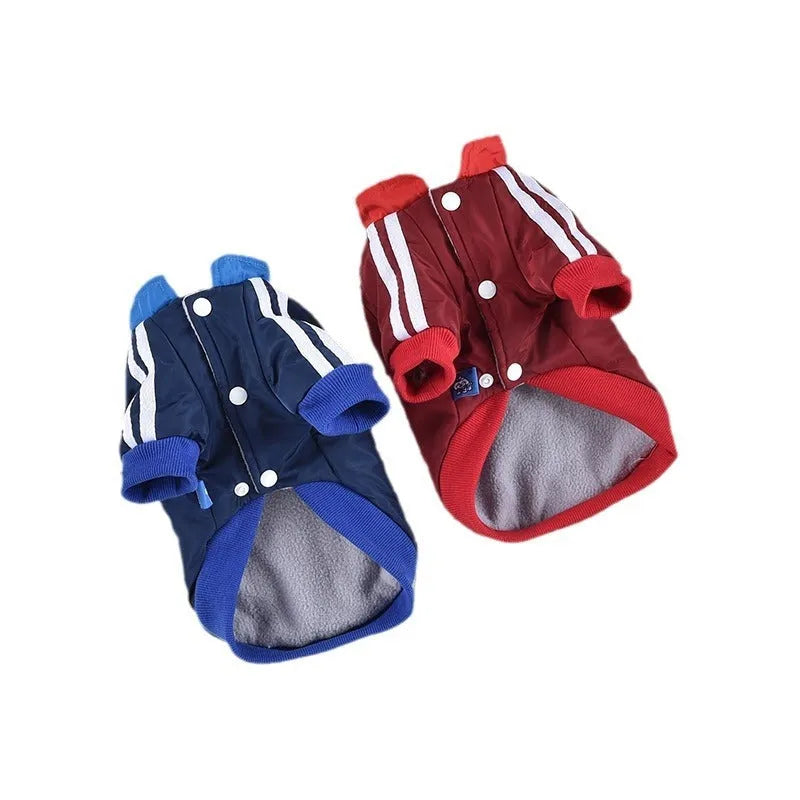 Thick warm pet dog cotton coat with V-shaped splicing, shown in red and blue, sizes XS to 3L